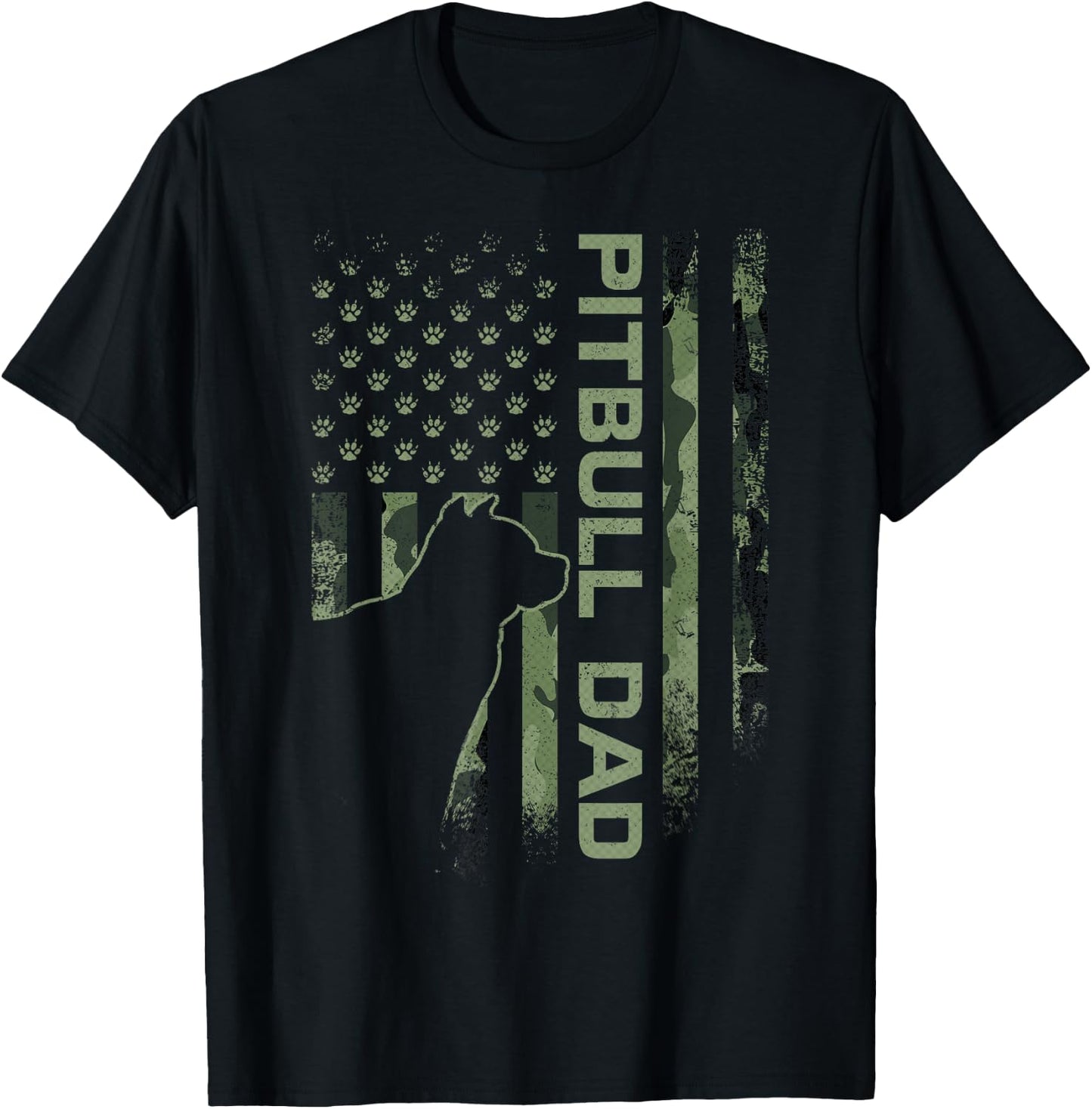 American Camo Flag Proud Pitbull Dog Dad Pittie Silhouette T-Shirt - T-Shirt | Black