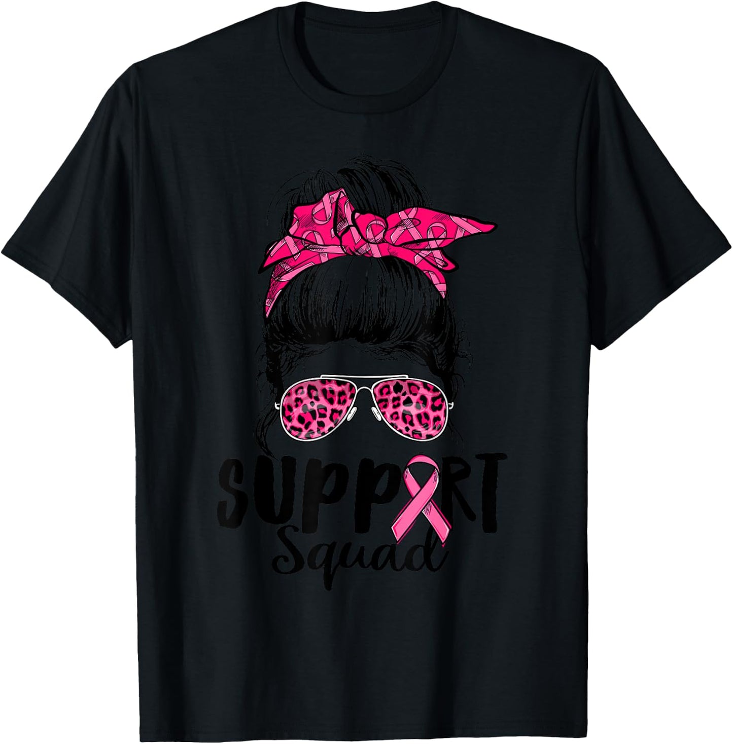 Support Squad Messy Bun Pink Warrior Breast Cancer Awareness T-Shirt - T-Shirt | Black