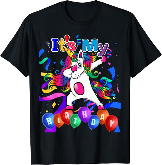 Kids Adult Its My Birthday Girl Dabbing Unicorn Party Outfit T-Shirt - T-Shirt | Black