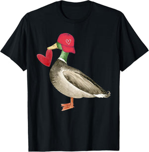 Valentine Mallard Duck Retro Groovy Hearts Valentine's Day T-Shirt - T-Shirt | Black