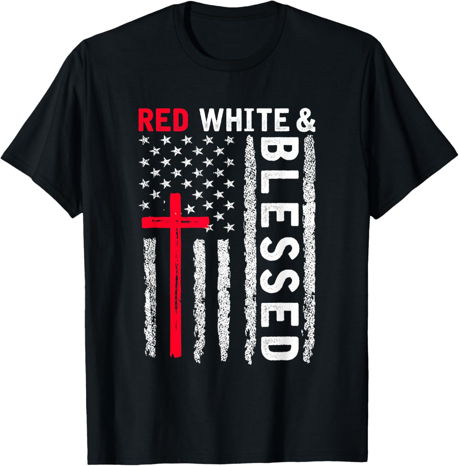 Christian Cross Red White & Blessed 4th Of July Men Women T-Shirt - T-Shirt | Black