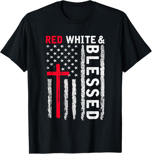 Christian Cross Red White & Blessed 4th Of July Men Women T-Shirt - T-Shirt | Black