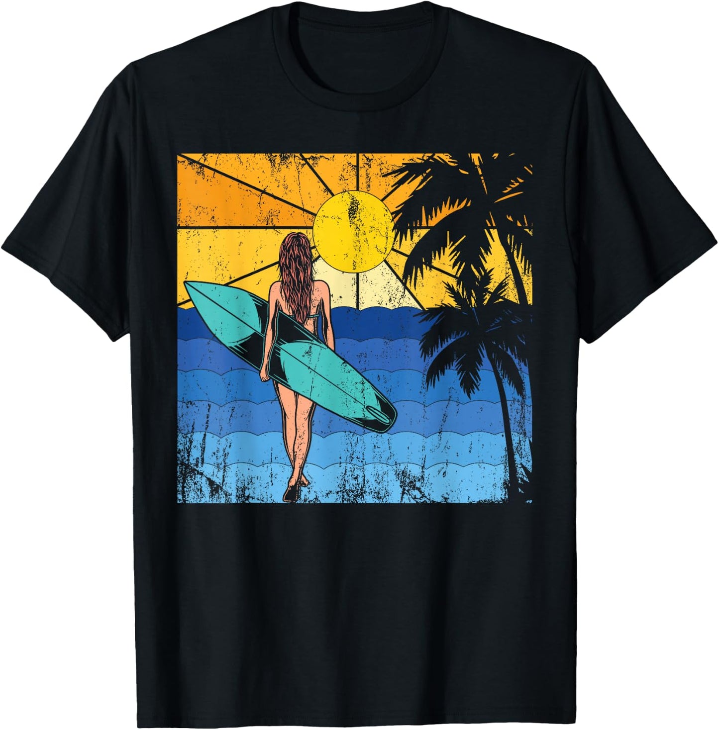 Tropical Beach Surf Sunset Surfboard Surfer Ocean Surfing T-Shirt - T-Shirt | Black