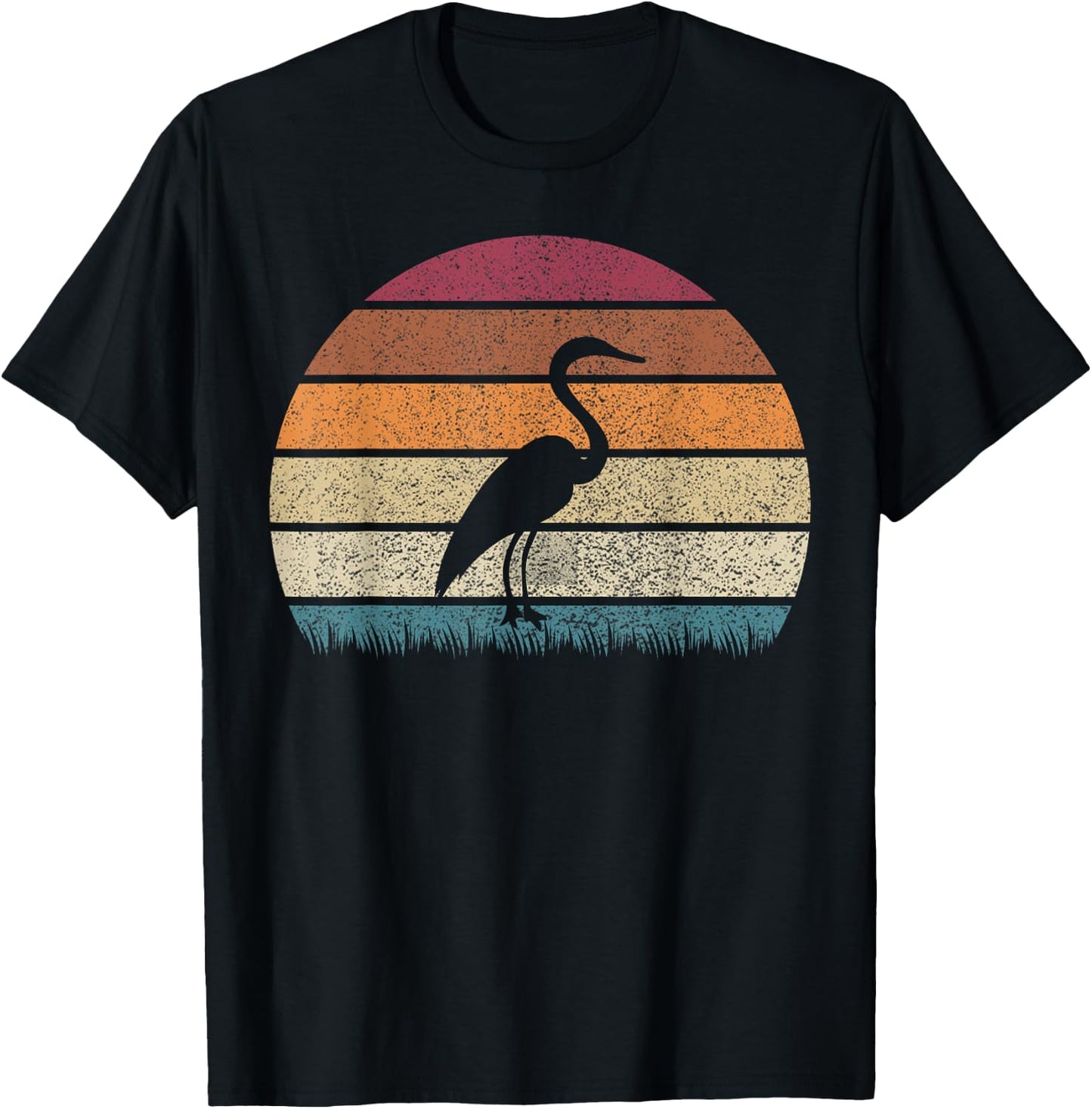 Vintage Retro Sunset Grey Heron Bird Lover Silhouette T-Shirt - T-Shirt | Black