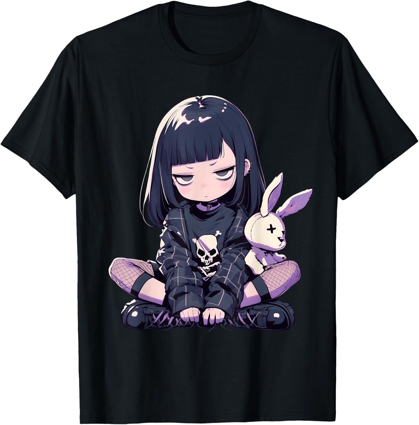Grunge Goth Bunny Anime Girl Cute E-Girl Gothic Outfit T-Shirt - T-Shirt | Black