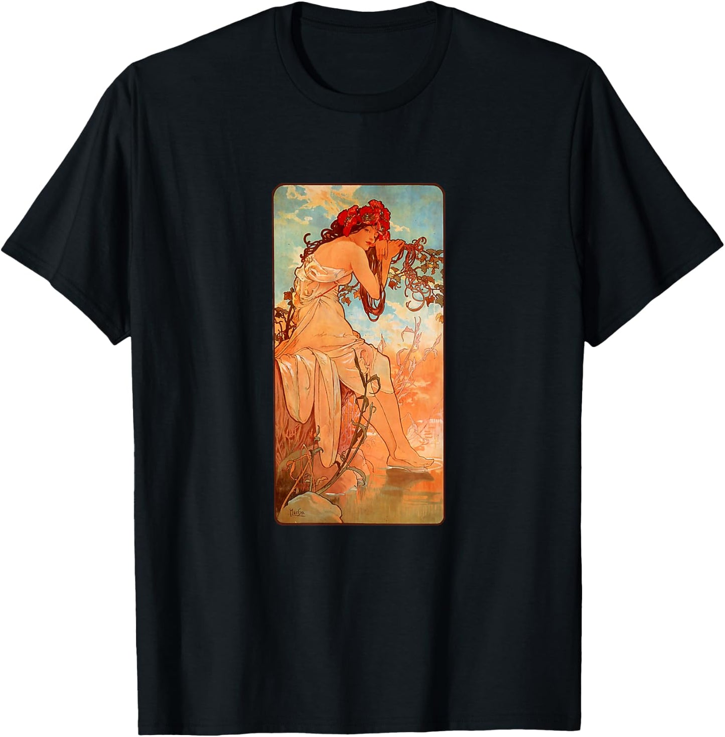 Art Nouveau Summer Maiden Mucha Beautiful Elegant Art Deco T-Shirt - T-Shirt | Black
