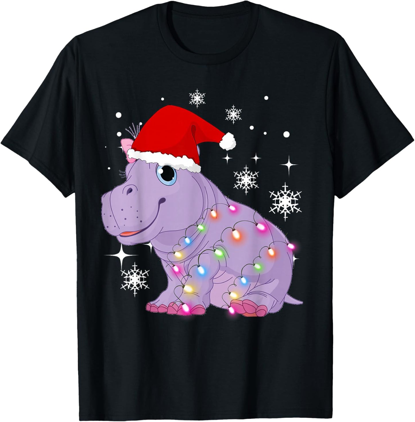 Christmas Lights Baby hippo Cute T-Shirt - T-Shirt | Black