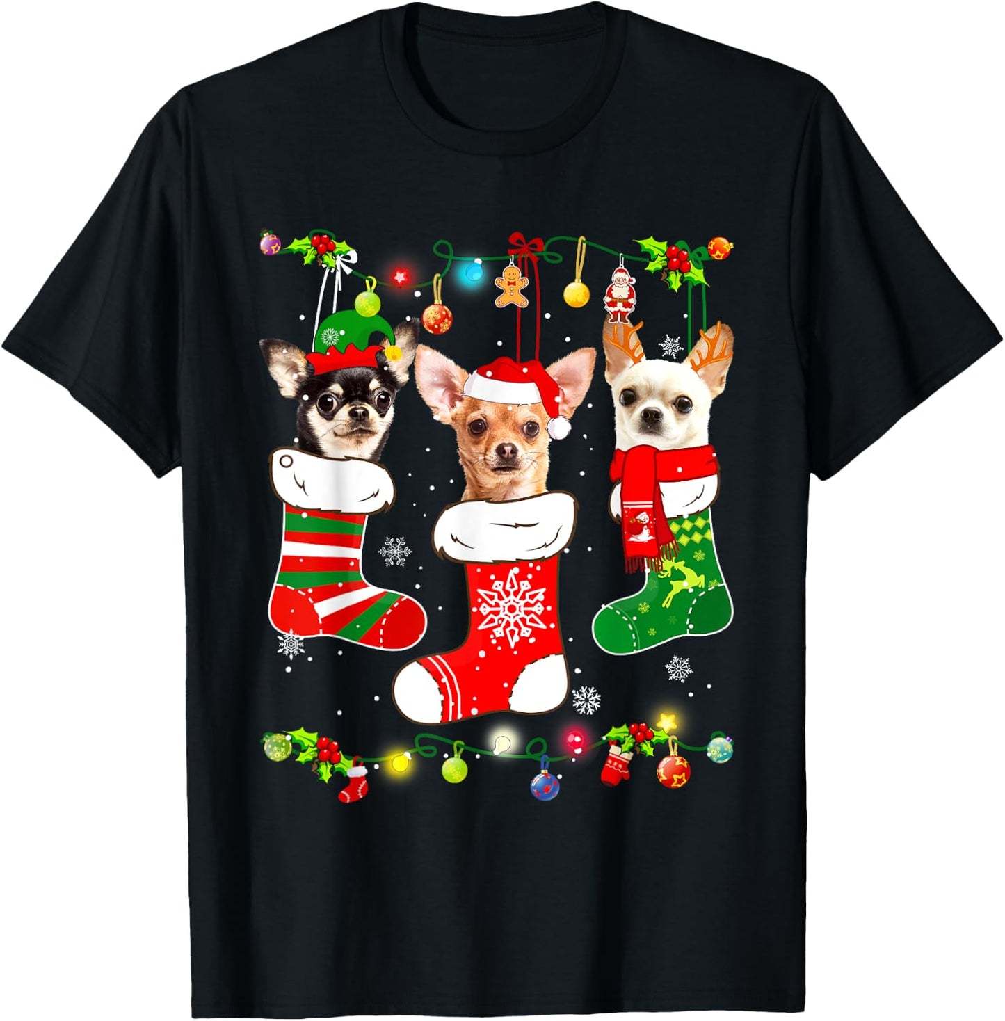Chihuahua Christmas Lights Gift Funny Xmas Dog Lover T-Shirt - T-Shirt | Black