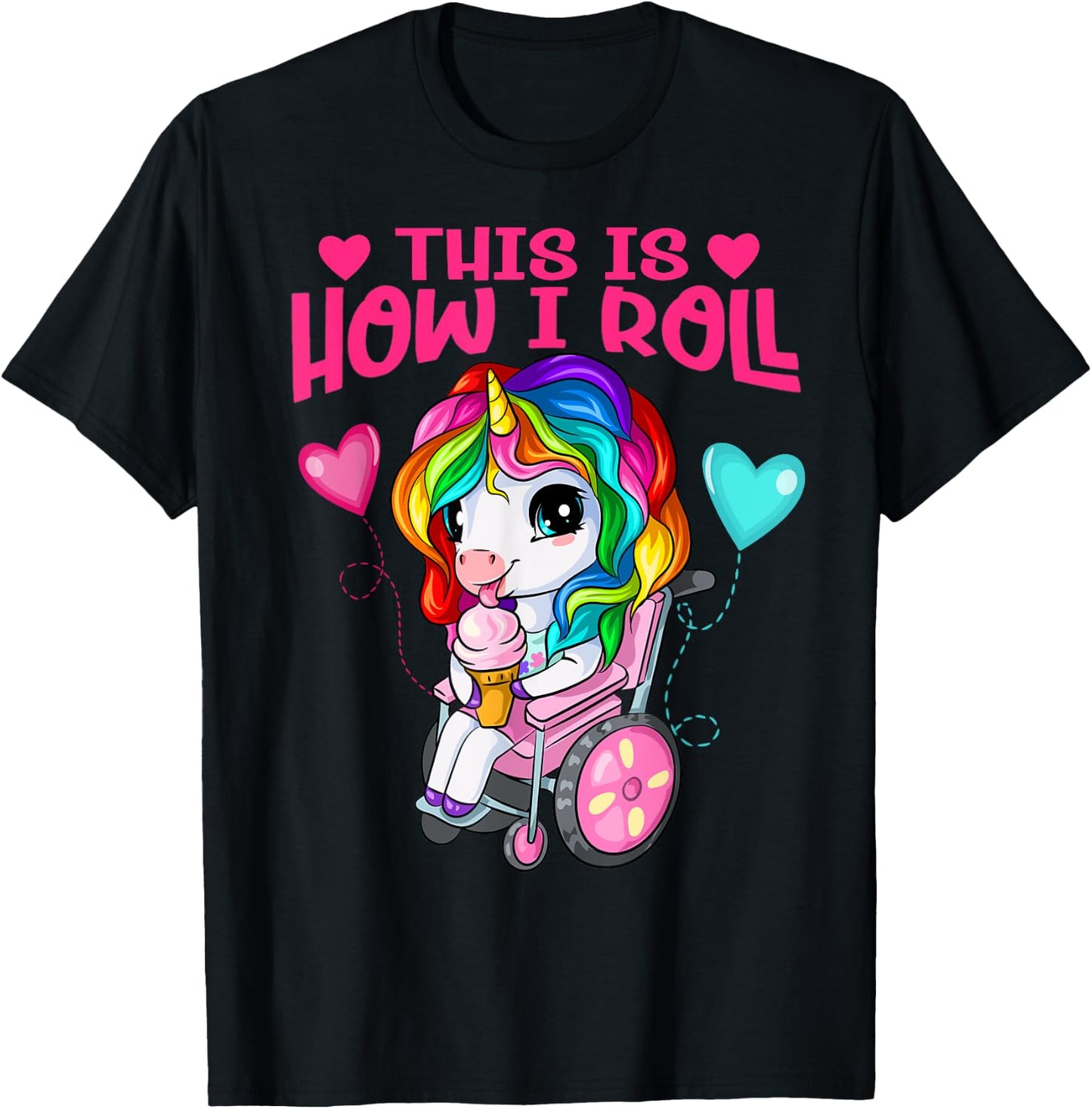 Cute Ice Cream Eating Unicorn Girl In Wheelchair T-Shirt - T-Shirt | Black