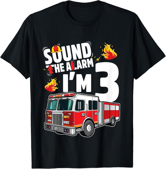 Fire Truck 3rd Birthday Boy Firefighter 3 Year Old T-Shirt - T-Shirt | Black