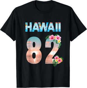 Hawaii 82 Years Old Aloha Beach Hibiscus Hawaiian T-Shirt - T-Shirt | Black