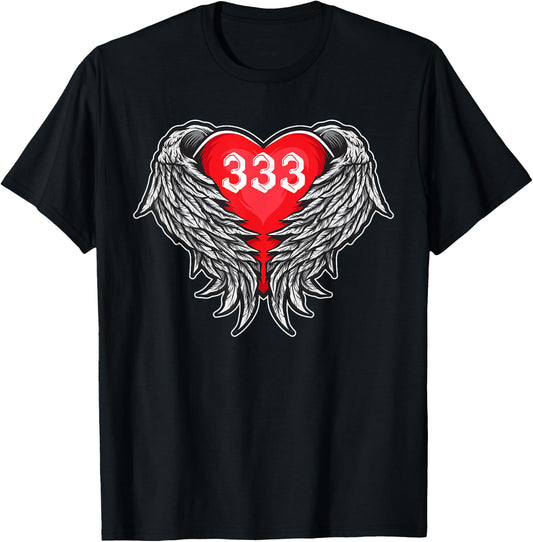 Angel Number 333 With Heart And Wings Of Angel T-Shirt - T-Shirt | Black