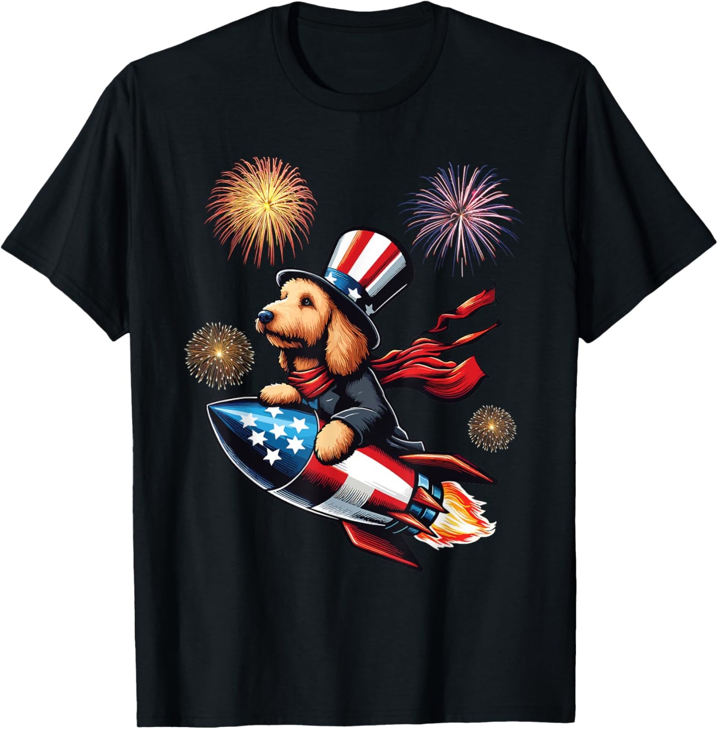 Labradoodle Rocket Fireworks Independence Day USA Patriotic Women Kids Men T-Shirt - T-Shirt | Black