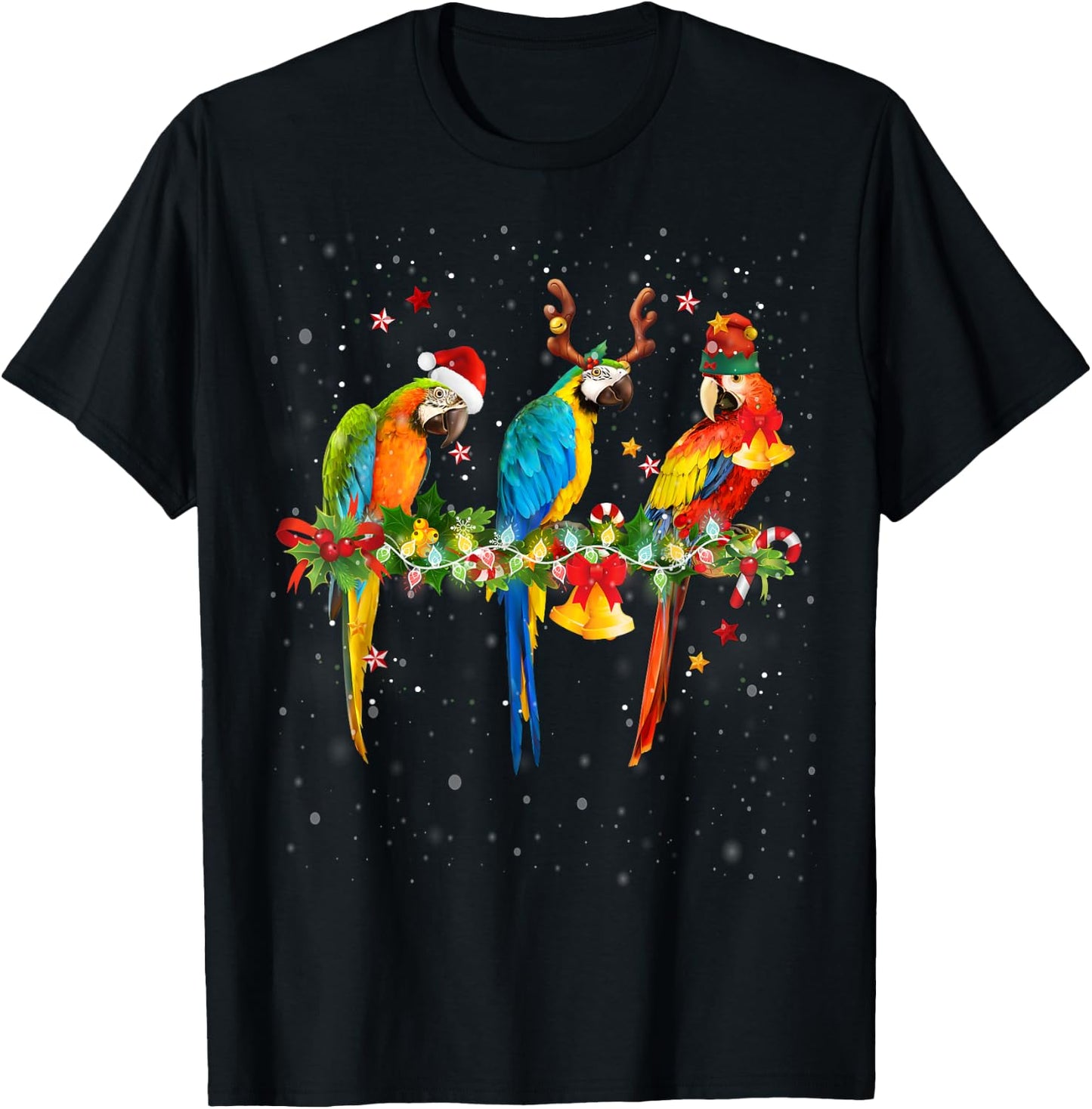 Colorful Christmas Parrots Santa Reindeer Elf Hat Funny T-Shirt - T-Shirt | Black
