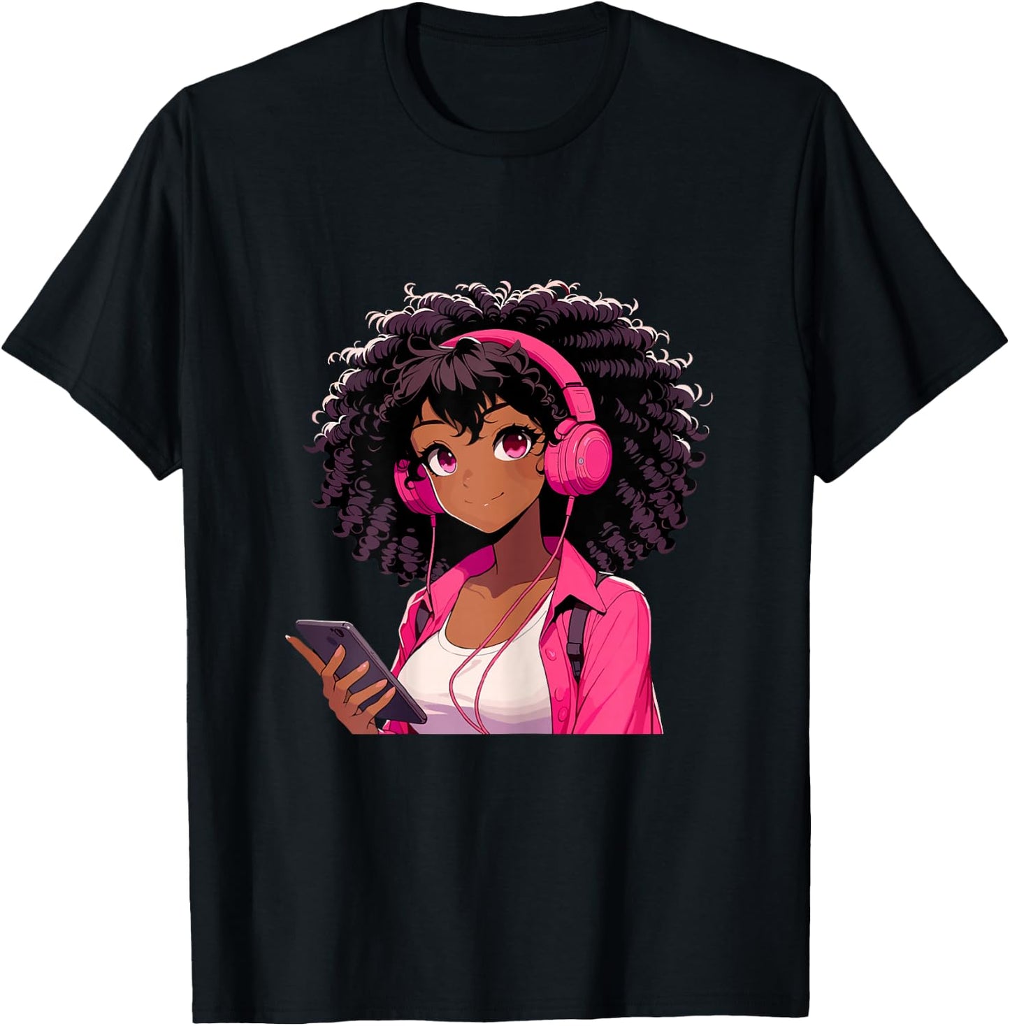Black Girl Anime Music Headphones T-Shirt - T-Shirt | Black
