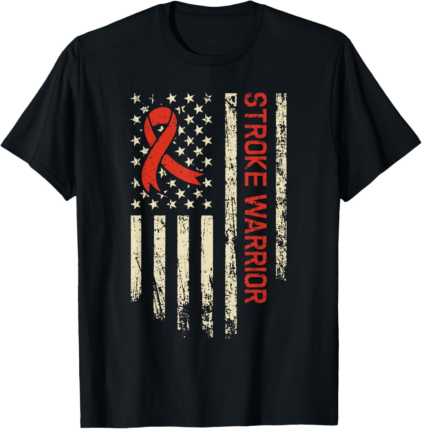 Stroke Warrior USA Flag - Red Ribbon Stroke Awareness T-Shirt - T-Shirt | Black