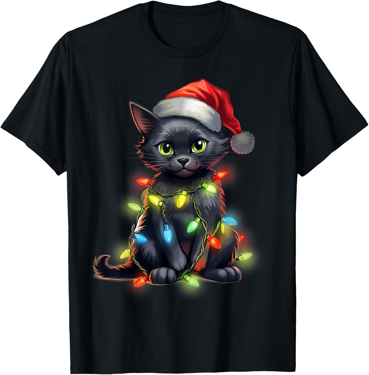 Retro Black Cat Christmas Light Funny Cat Men Women Kids T-Shirt - T-Shirt | Black