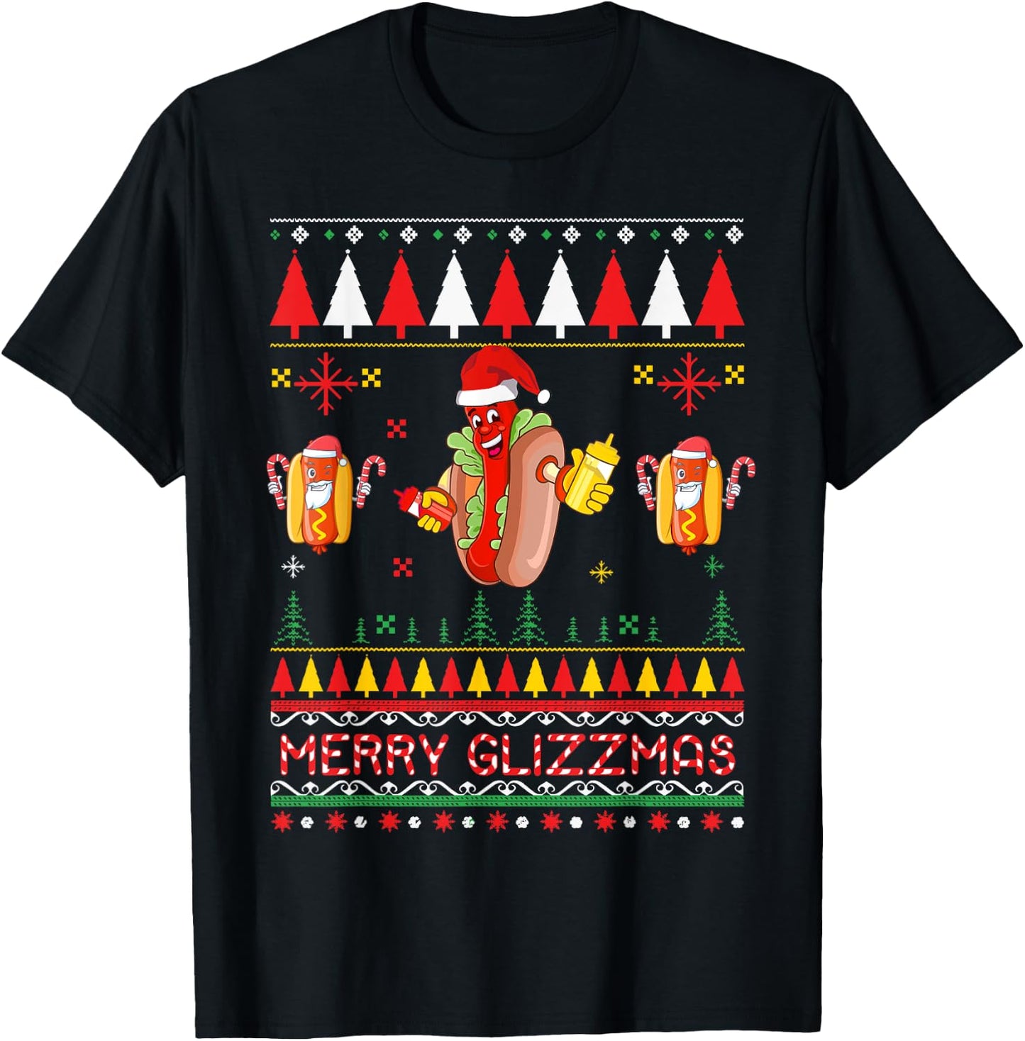 Merry Glizzmas Tacky Funny Merry Christmas Hot Dogs T-Shirt - T-Shirt | Black