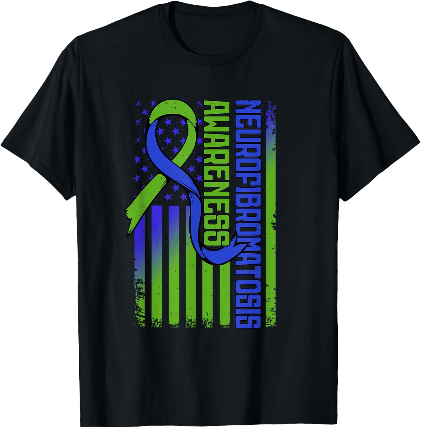 Neurofibromatosis Flag NF1 Blue and Green Ribbon Awareness T-Shirt - T-Shirt | Black