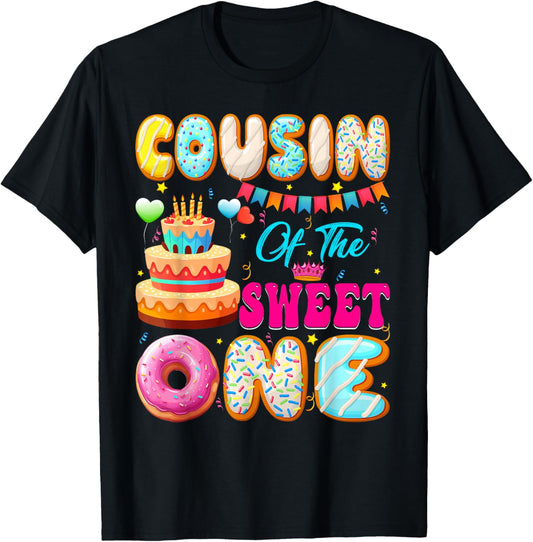 Cousin Of The Sweet One Donut Theme 1st Birthday Family T-Shirt - T-Shirt | Black