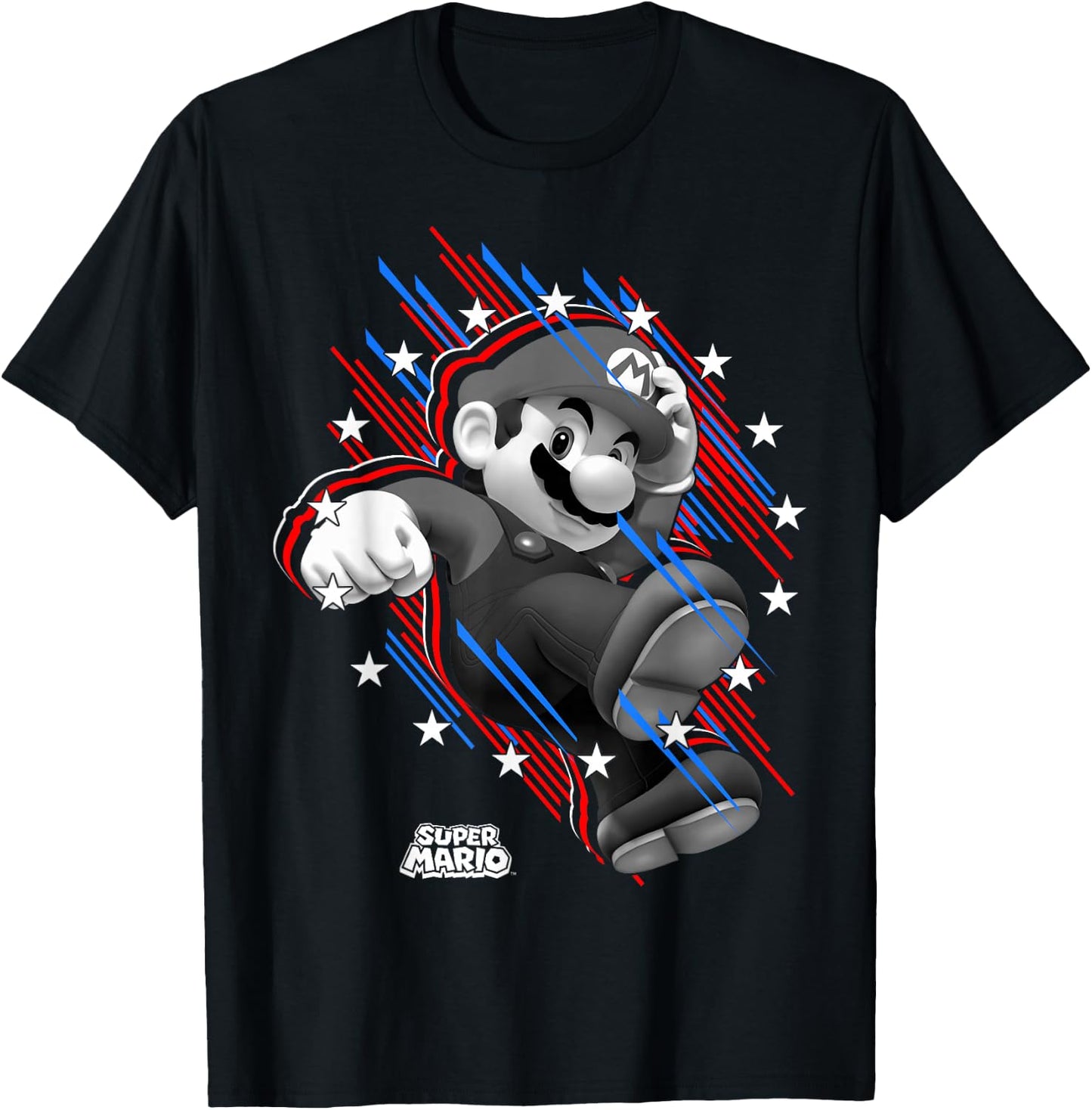 Super Mario Stars And Stripes Fast Mario Portrait T-Shirt - T-Shirt | Black
