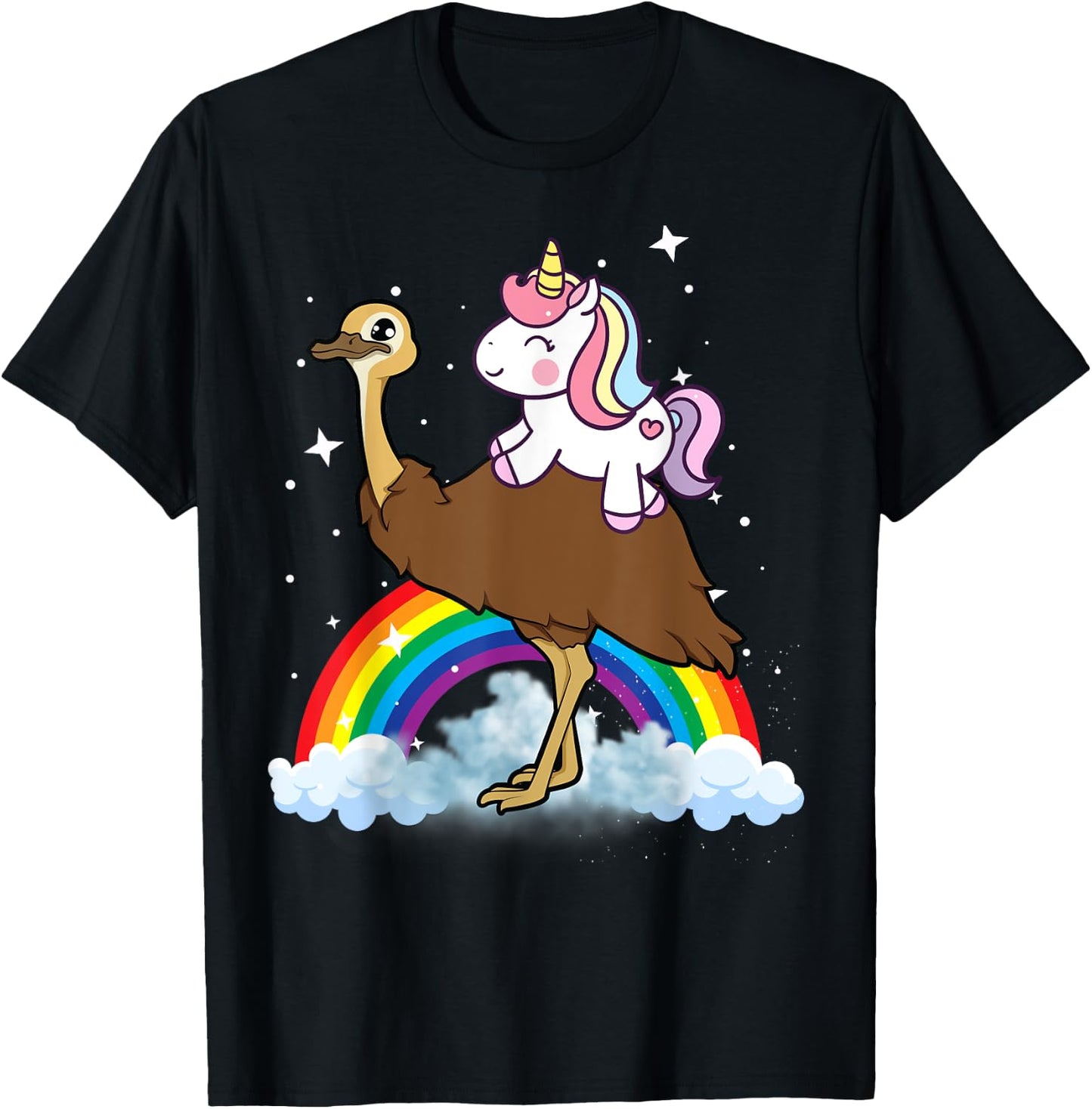 Unicorn Riding Emu Boys Girls Men Women Kids Teens Rainbow T-Shirt - T-Shirt | Black