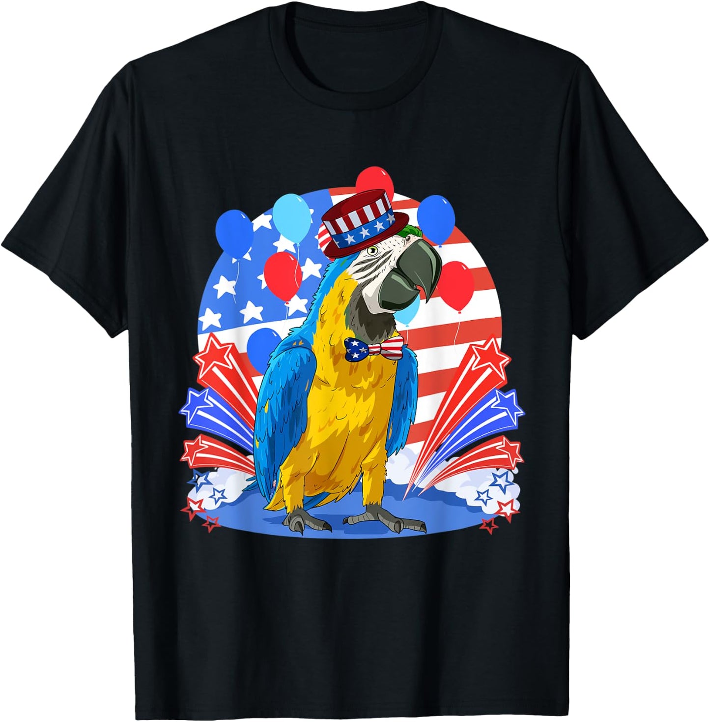 Blue And Yellow Macaw Merica 4th of July American Flag Women Kids Men T-Shirt - T-Shirt | Black