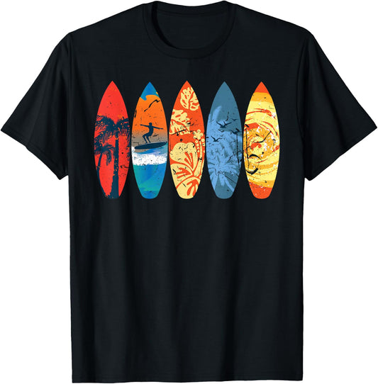 Surfing Surfer Palm Tree Surfboard Sunset Wave T-Shirt - T-Shirt | Black