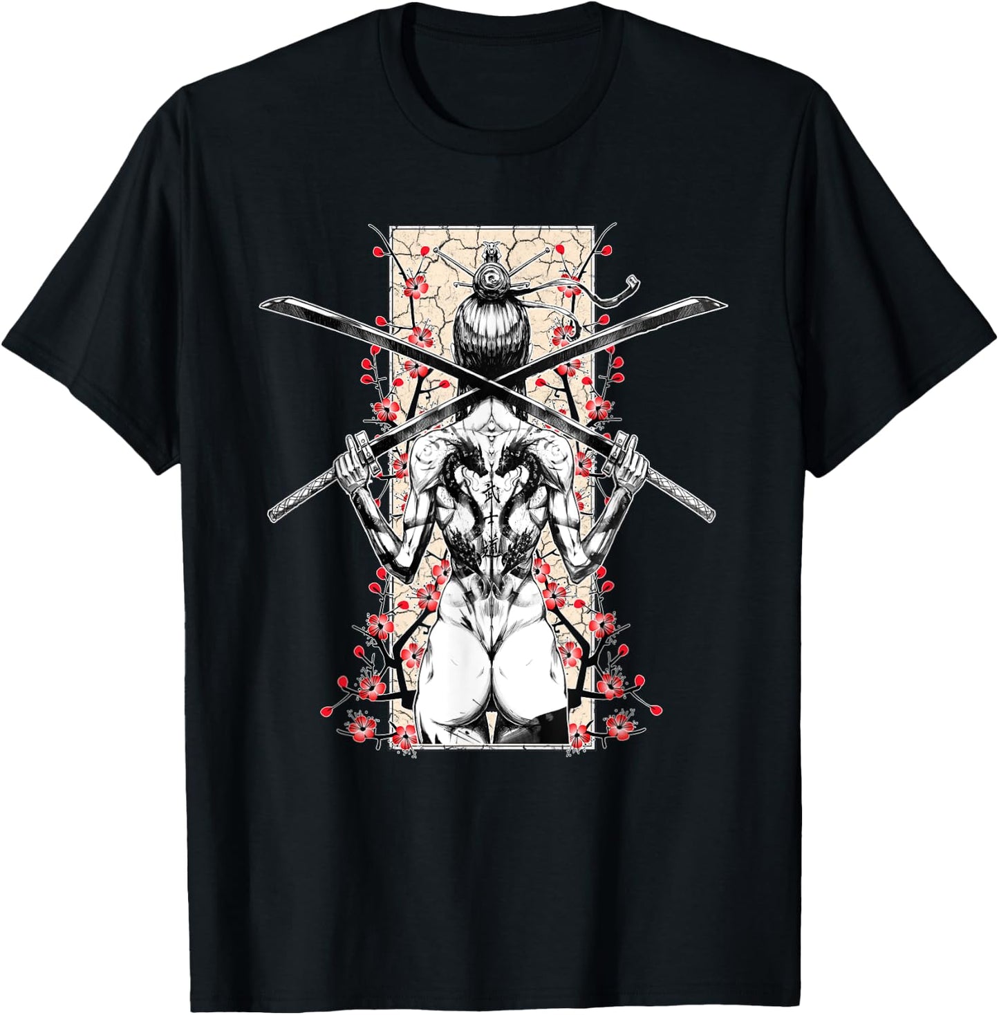 Japanese Samurai Girl and Vintage Sakura Cherry Blossom Gift T-Shirt - T-Shirt | Black