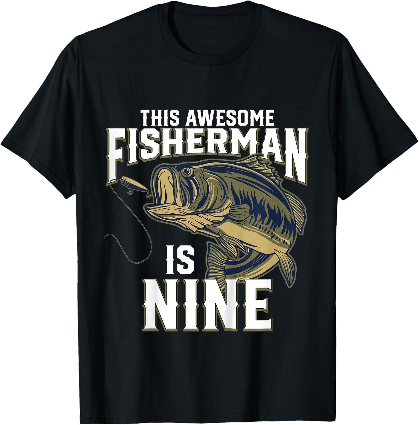 Kids 9 Year Old Fishing Birthday Party Fisherman 9th Gift Boy T-Shirt - T-Shirt | Black