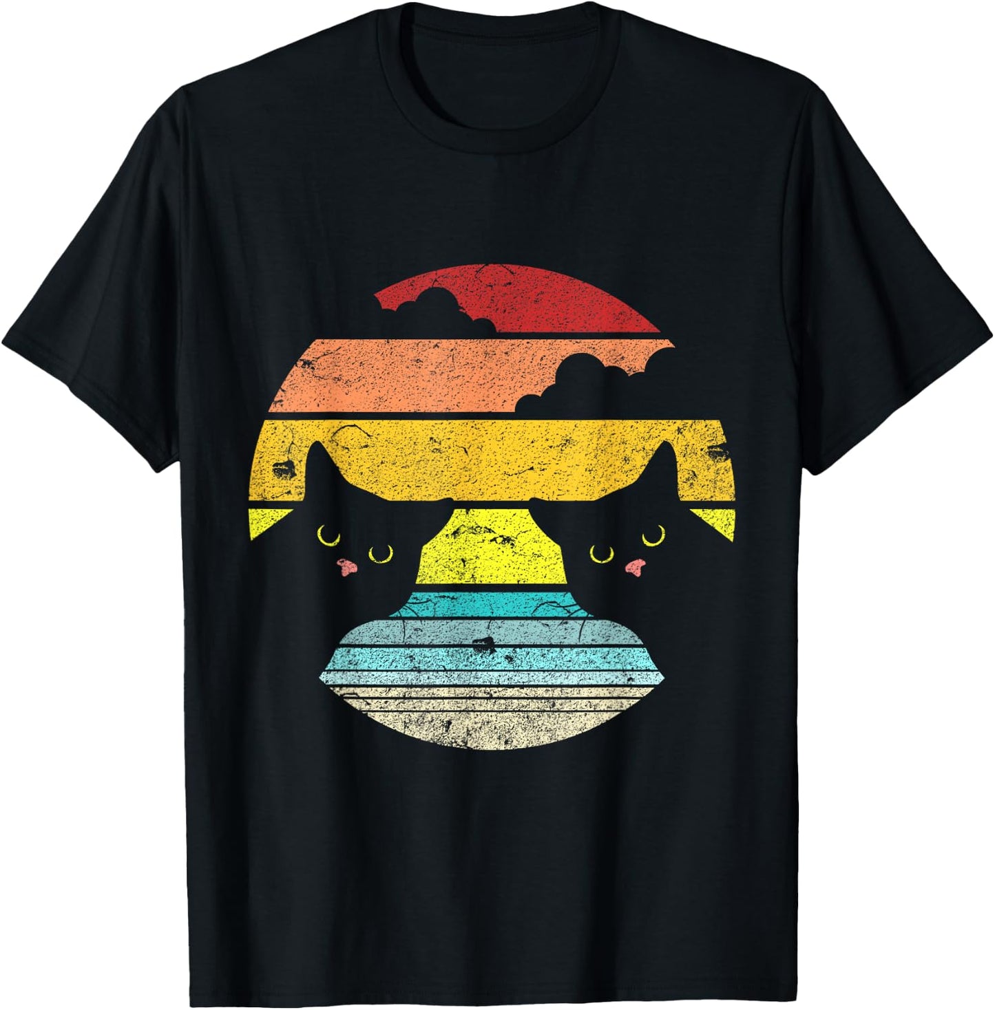 Two Cats Staring Vintage Sunset Retro Style Cat T-Shirt - T-Shirt | Black