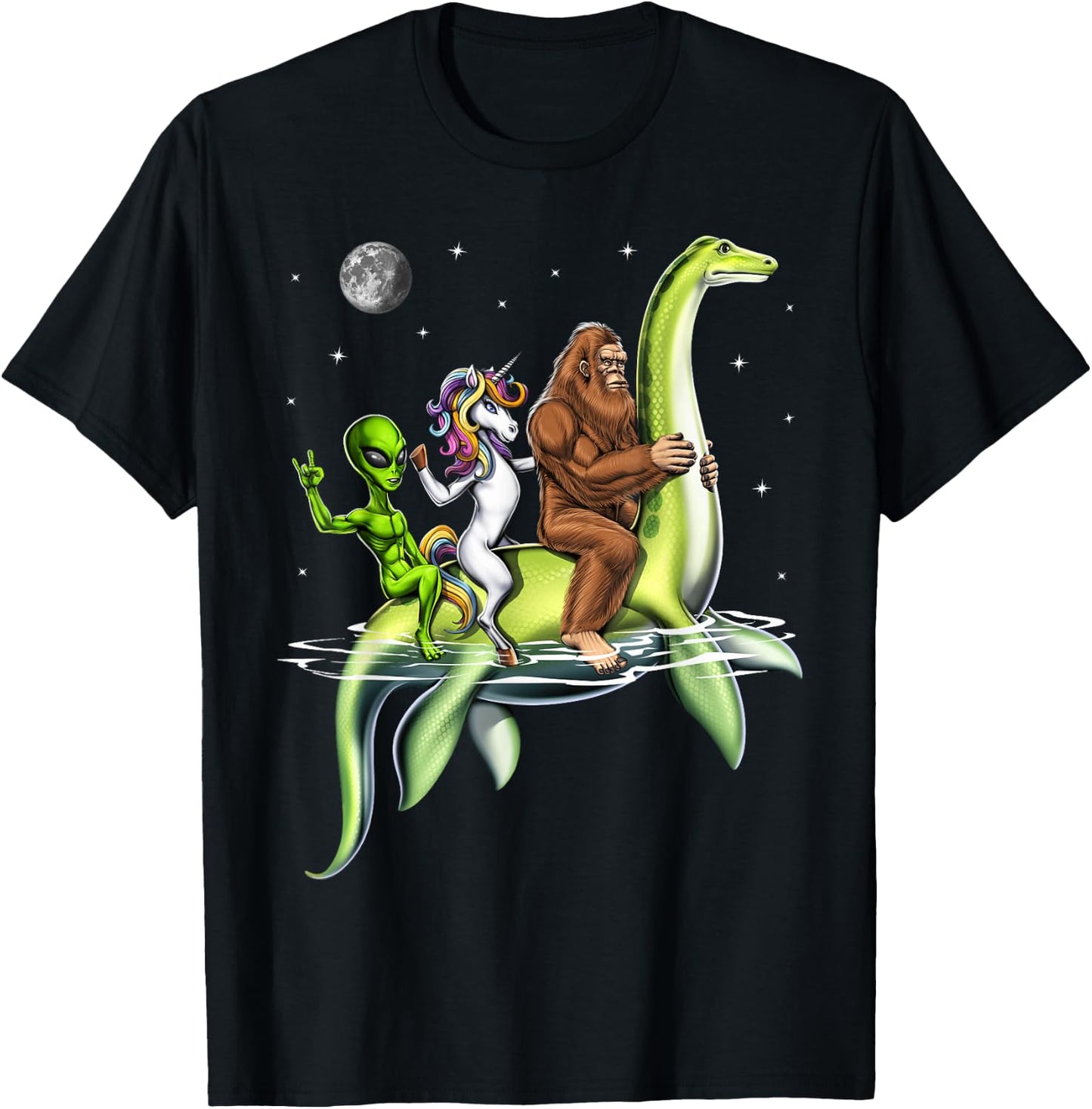 Cryptids Bigfoot Alien Unicorn Riding Loch Ness Monster T-Shirt - T-Shirt | Black