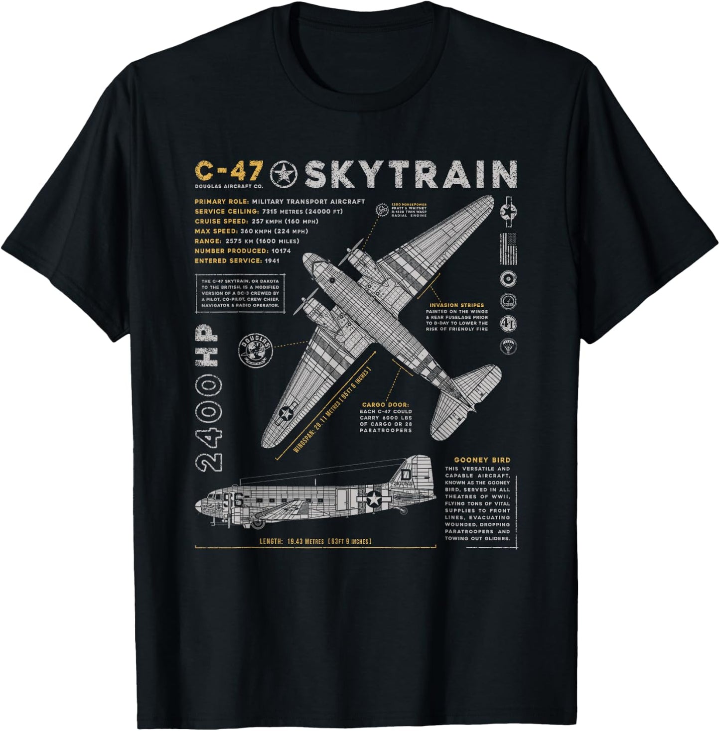 C-47 Skytrain | C47 Douglas Dakota WWII Transport Aircraft T-Shirt - T-Shirt | Black