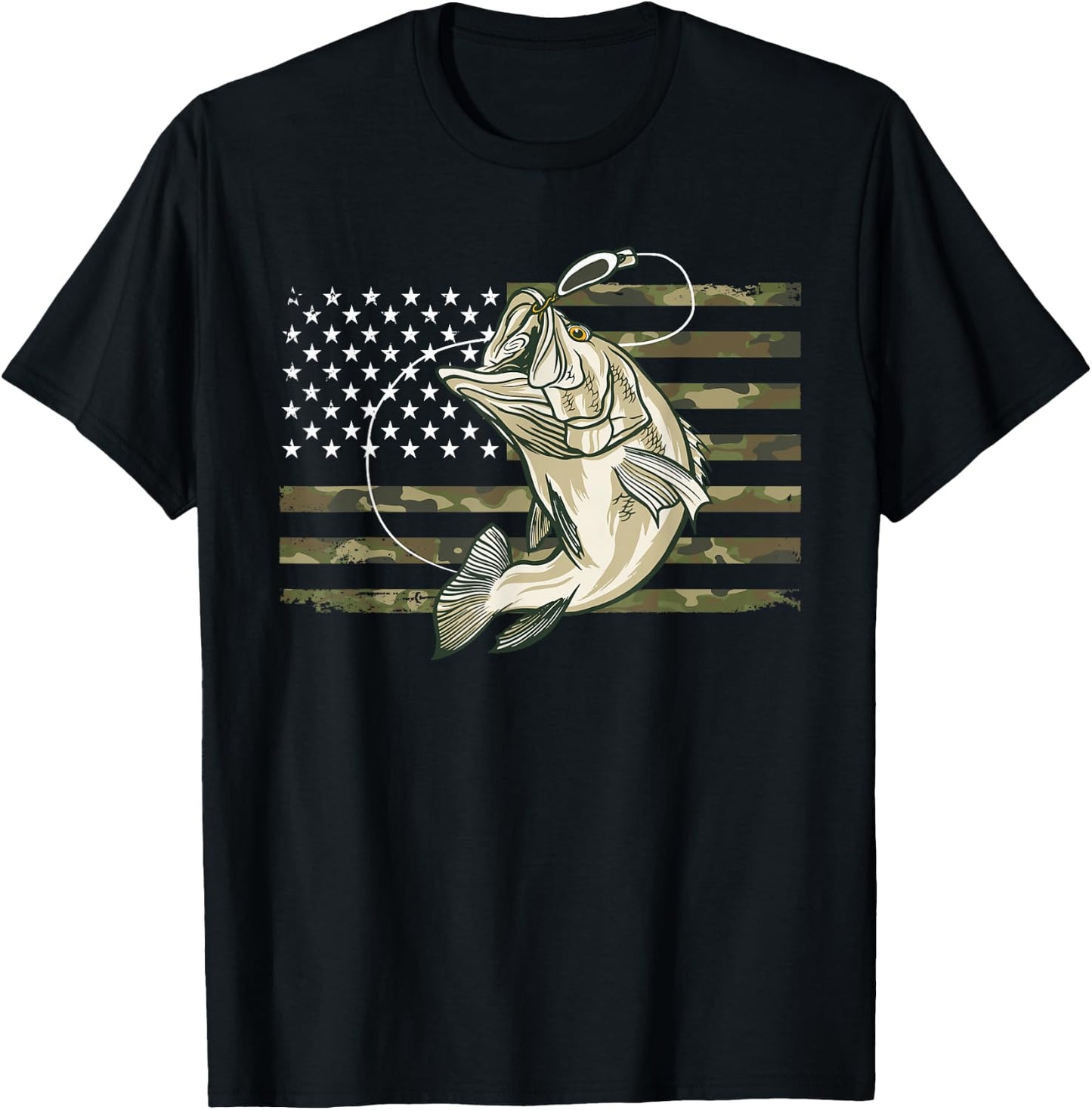 Fishing Camouflage US American Flag Bass Fish Fisherman Camo T-Shirt - T-Shirt | Black