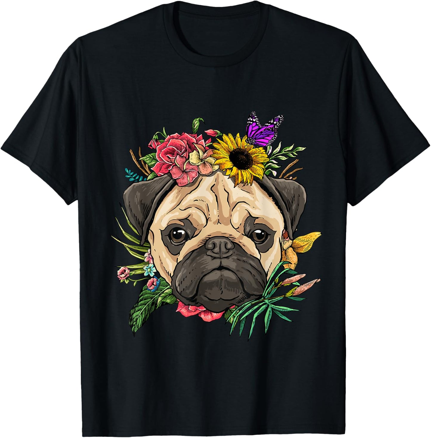 Pug Shirt Dog Pug Face Flower Pug Lovers Owners Pug Mom Dad T-Shirt - T-Shirt | Black