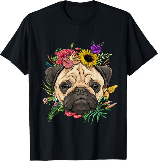 Pug Shirt Dog Pug Face Flower Pug Lovers Owners Pug Mom Dad T-Shirt - T-Shirt | Black