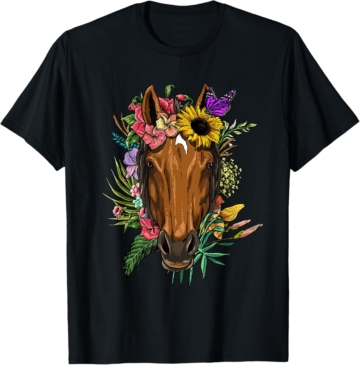 Floral Horse Spring Nature Horse Lovers & Men T-Shirt - T-Shirt | Black