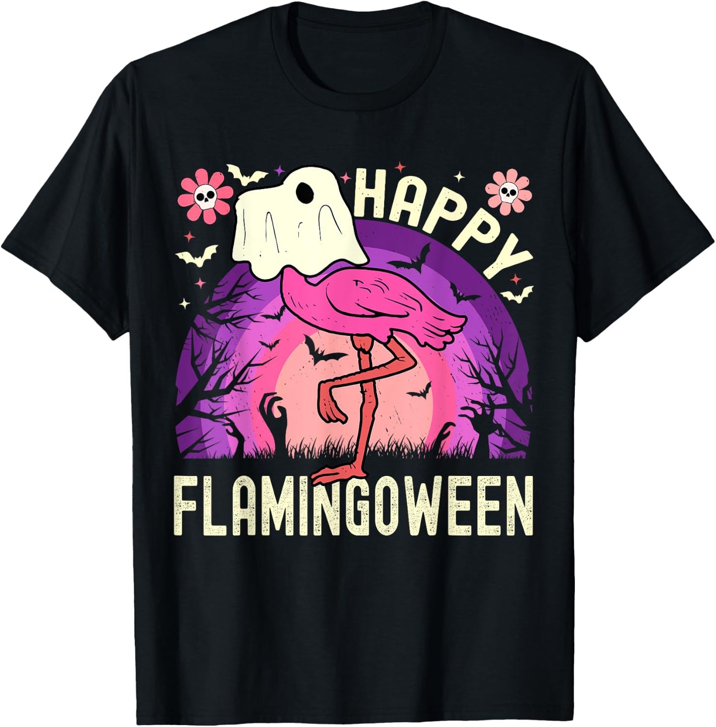 Happy Flamingoween Funny Flamingo Ghost Retro Halloween T-Shirt - T-Shirt | Black