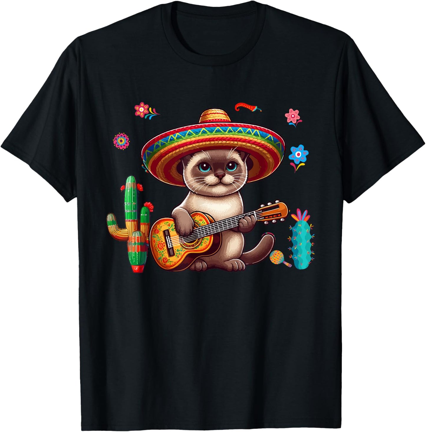 Siamese Cat Sombrero Mexican Guitar Cinco De Mayo Owner Men Women Kids T-Shirt - T-Shirt | Black