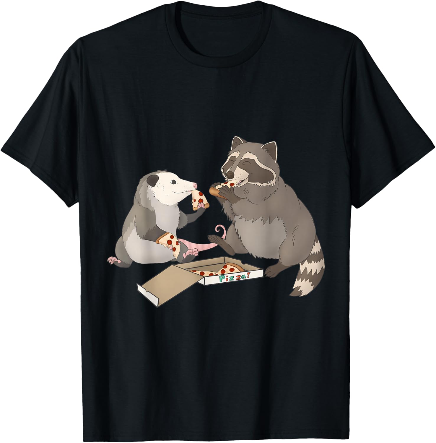 Possum and Raccoon eating pizza T-Shirt - T-Shirt | Black