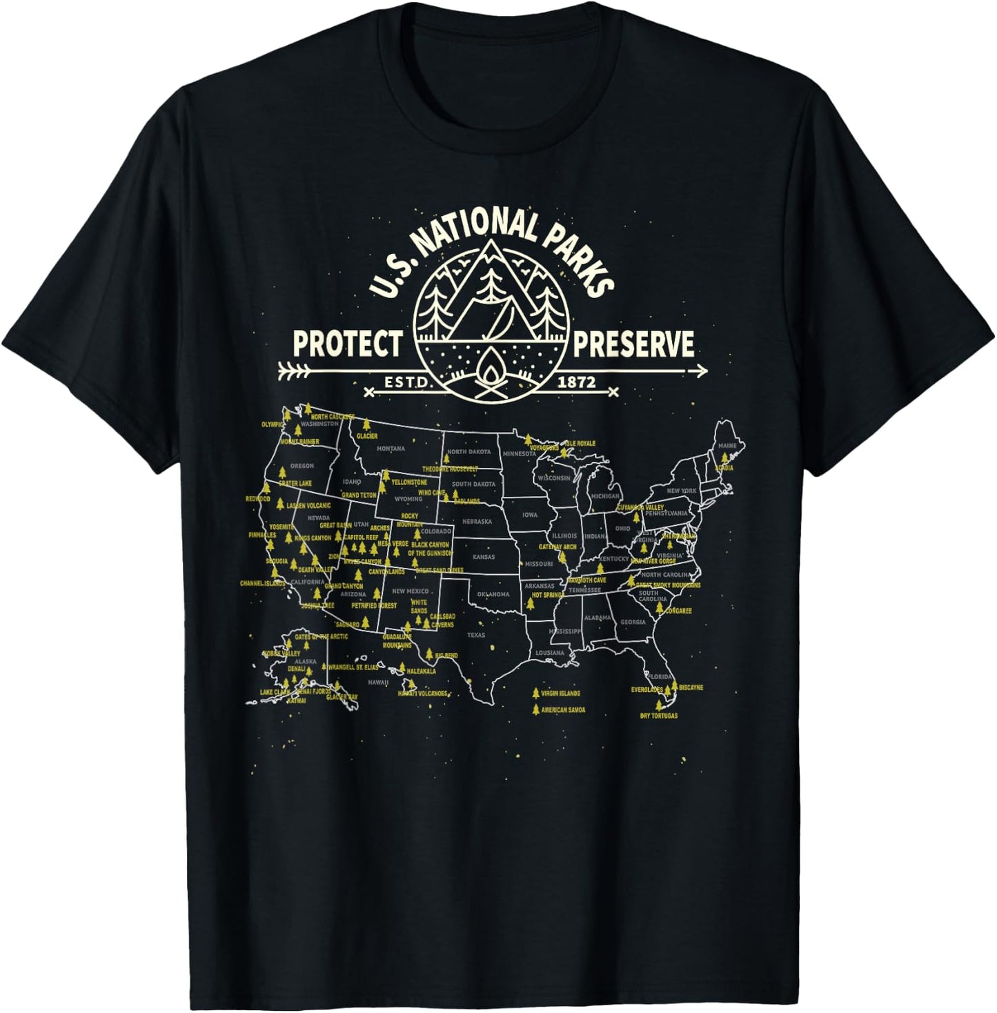 U.S. National Park Camping - All 63 US National Parks Map T-Shirt - T-Shirt | Black