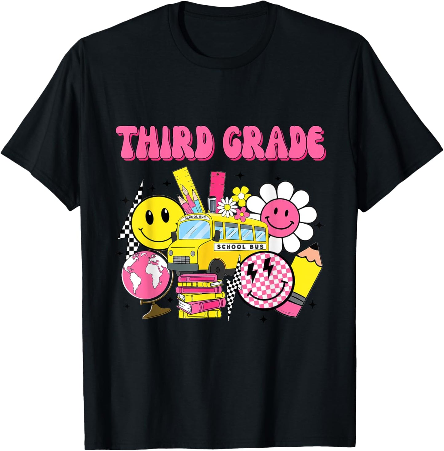Retro Groovy Third Grade Checkered Back To School Teacher T-Shirt - T-Shirt | Black