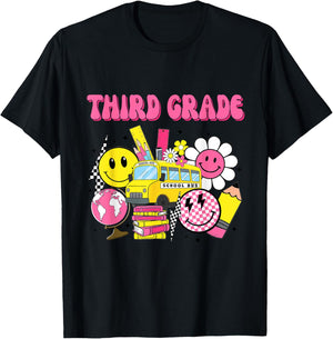 Retro Groovy Third Grade Checkered Back To School Teacher T-Shirt - T-Shirt | Black