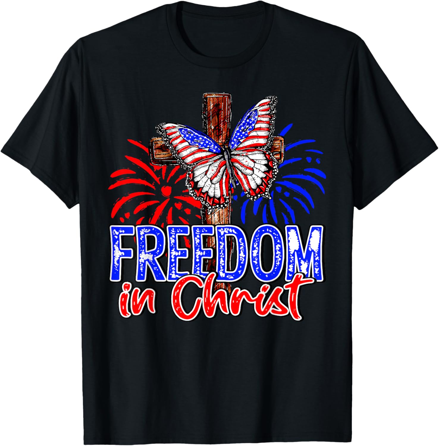 Patriotic Firework Faith Freedom In Christ Cross Butterfly Kids Men T-Shirt - T-Shirt | Black
