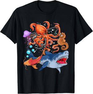 Octopus Jellyfish Seahorse Shark Zookeeper Kids Ocean Animal T-Shirt - T-Shirt | Black