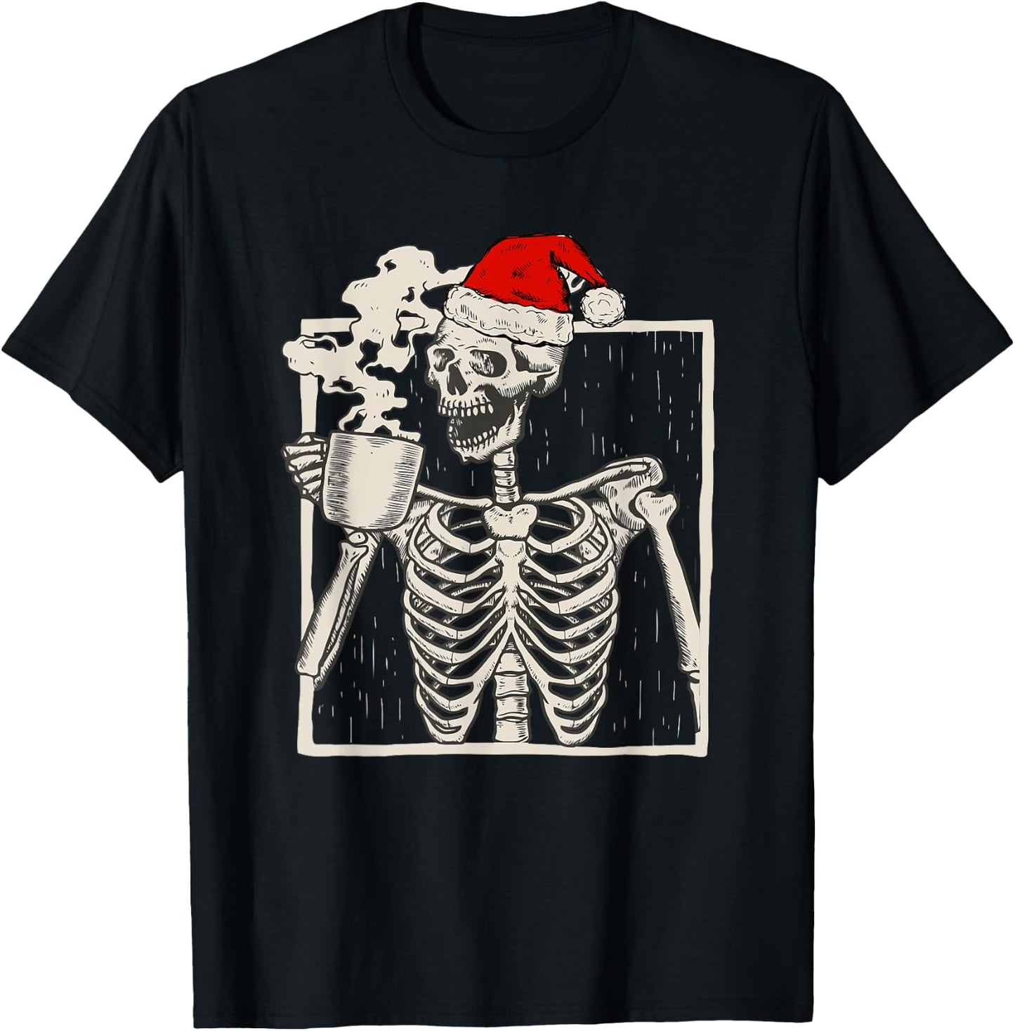 Christmas Skeleton With Smiling Skull Drinking Coffee Latte T-Shirt - T-Shirt | Black