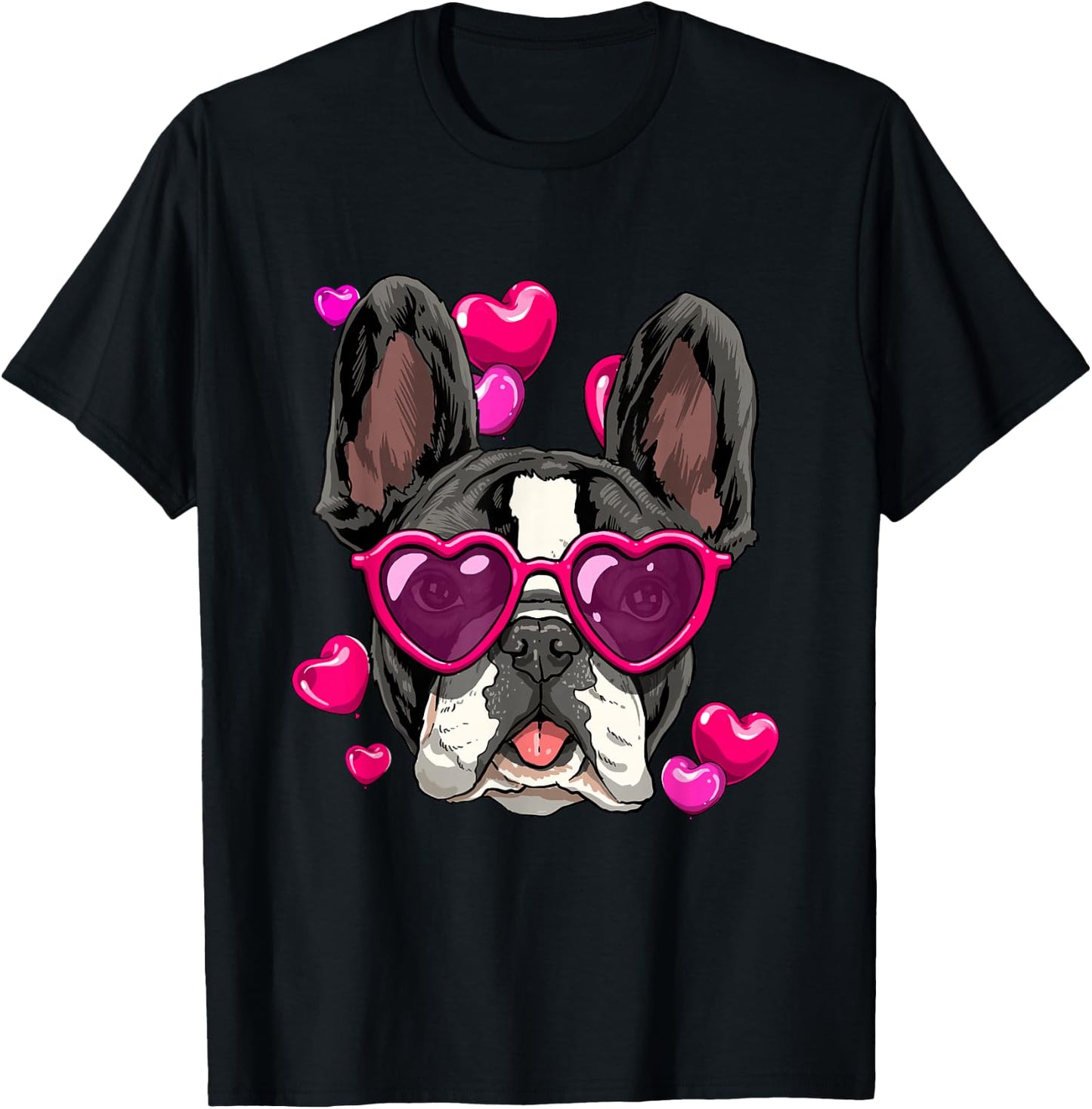 Valentine's Day French Bulldog With Heart Glasses Frenchie T-Shirt - T-Shirt | Black