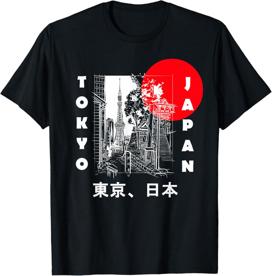 Japan Aesthetic Retro Comic Tokyo Silhouette Japanese font T-Shirt - T-Shirt | Black