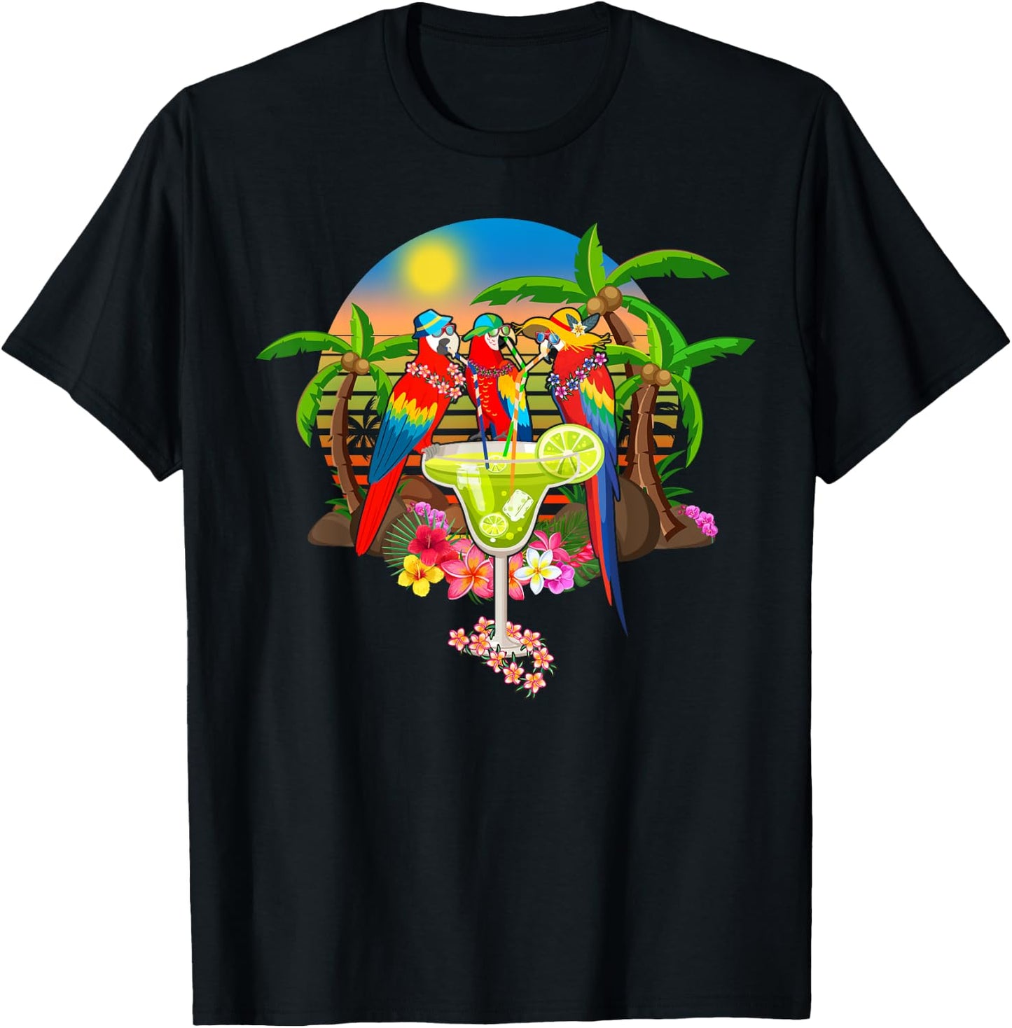 Parrots Drinking Margarita On Summer Vacation Birds Fun Men Women T-Shirt - T-Shirt | Black
