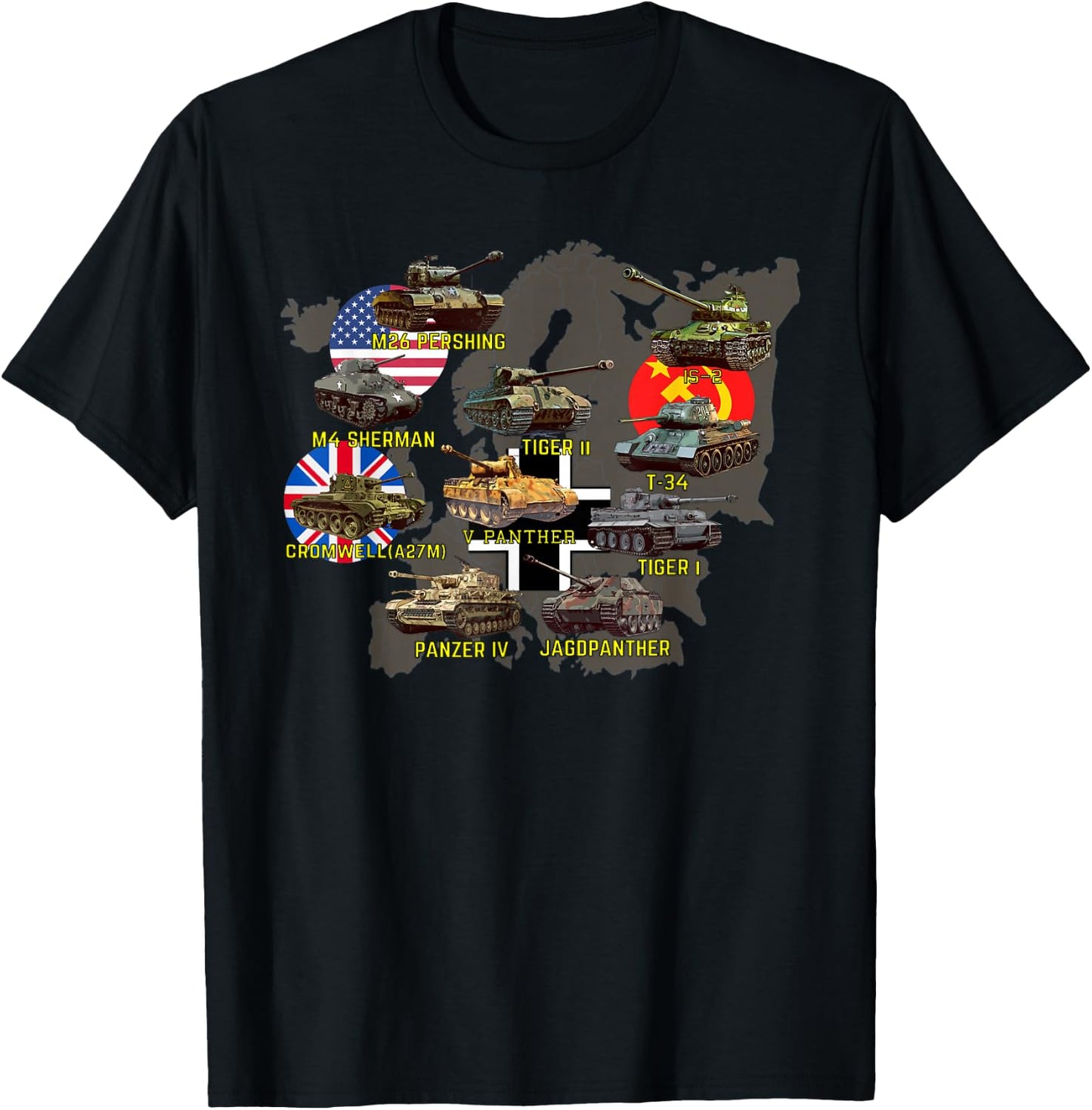 Top Ten Best WW2 Tanks M4 Sherman Panzer IV Tiger II T-34 T-Shirt - T-Shirt | Black
